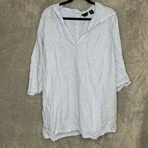 Tahari 1X Shirt Top Blue Solid 3/4 Sleeve V Neck Hooded Button Back Linen Womens